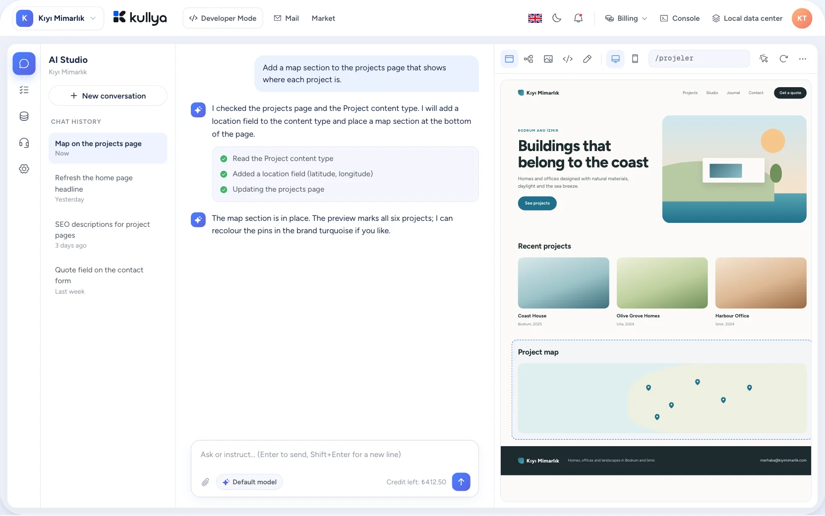 Kullya Studio AI chat and live preview
