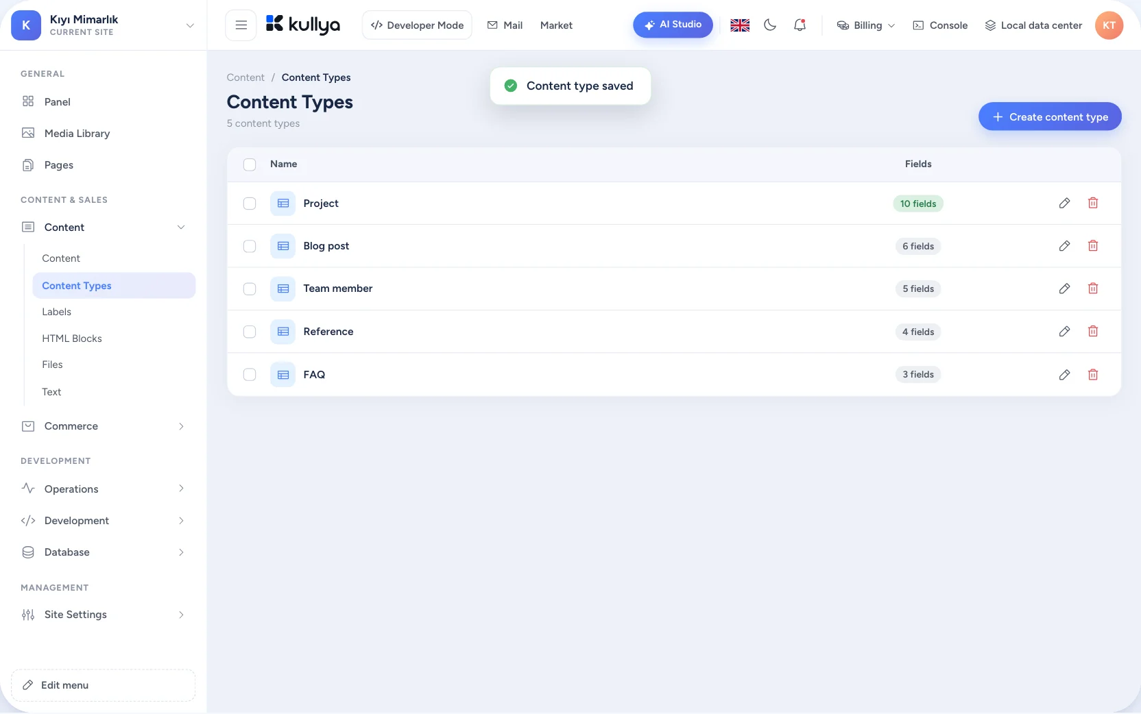 Content types and entry list