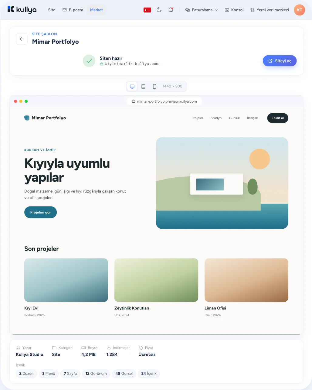 Paneldeki Market ekranında bir paketin detay sayfası