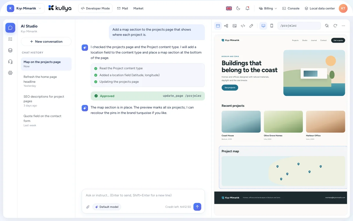 Kullya Studio: AI chat on the left, live site preview on the right