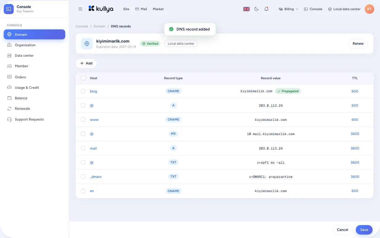 Domain screen in the Kullya console: domain list, verification status and DNS records