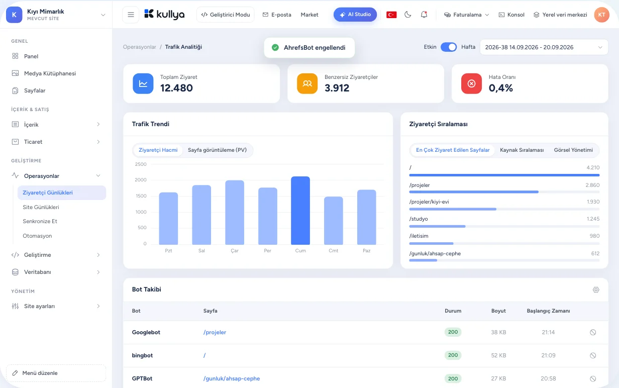 Kullya panelinde ziyaretçi kayıtları: haftalık grafik, en çok açılan sayfalar ve bot listesi