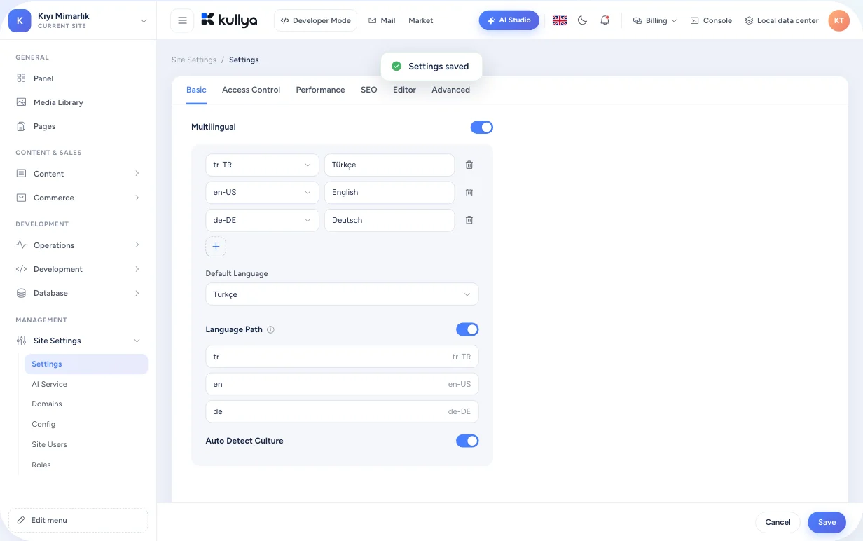 Multilingual section of Kullya site settings: language list, default language and language path