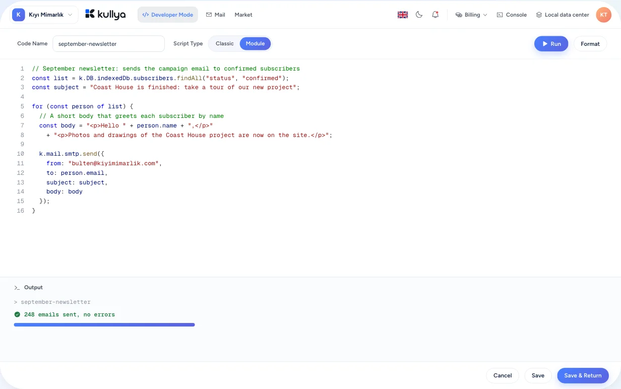 Kullya email marketing: a campaign script written in KScript in the panel code editor