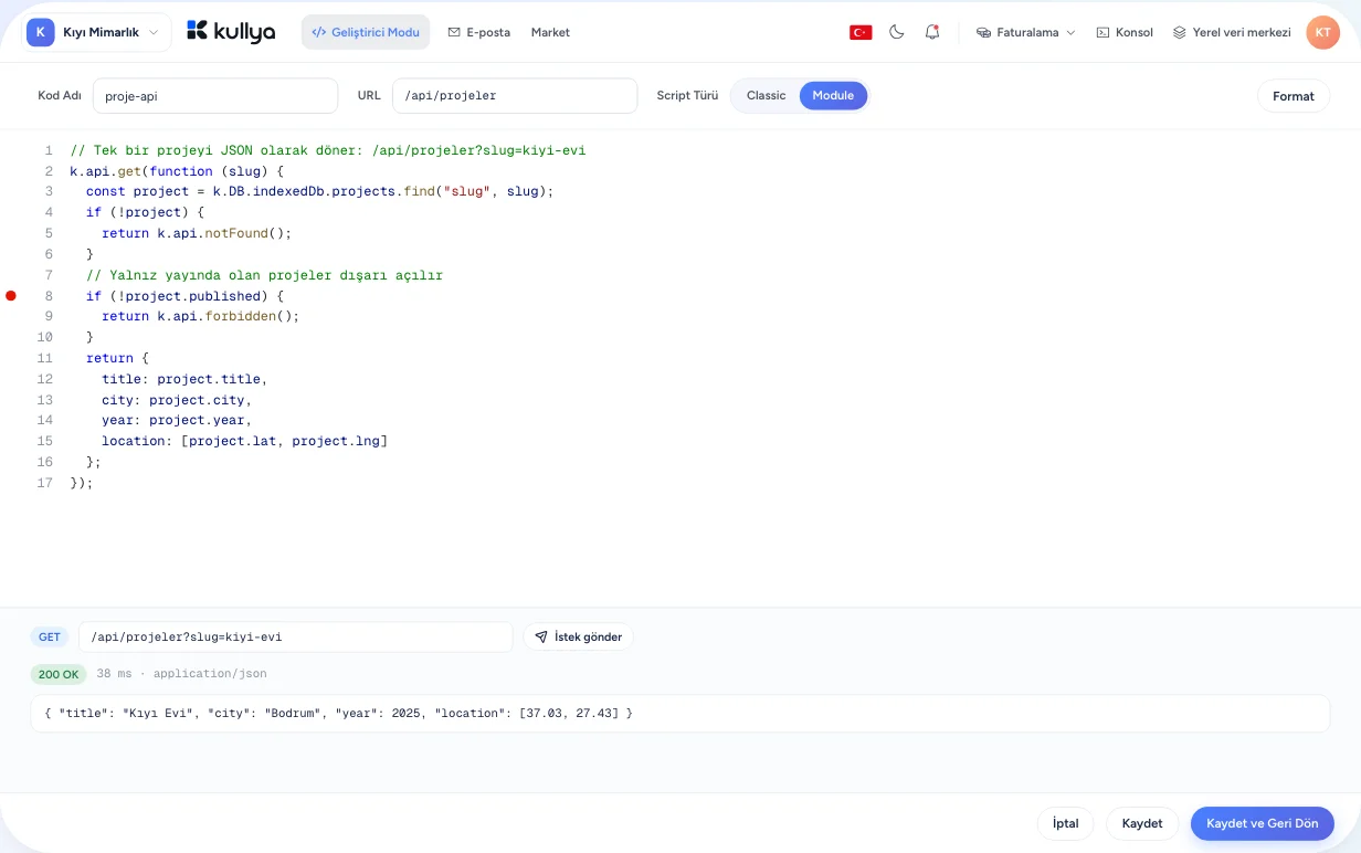 Kod düzenleyici: bir KScript API kodu ve kesme noktası