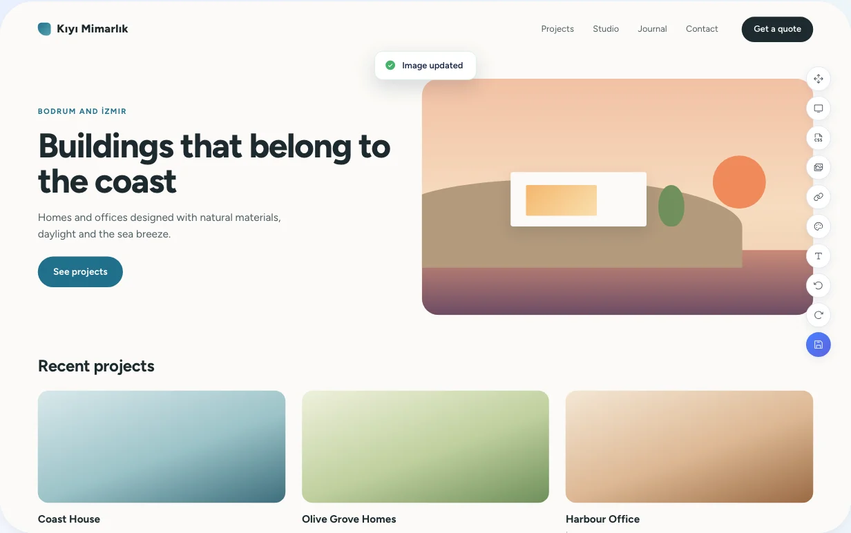 Visual editor: a selected element on the page with its editing menu