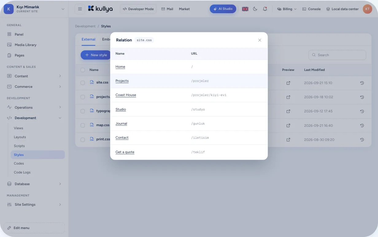 Usage tags in a Kullya panel list and the drop-down of pages that use an object