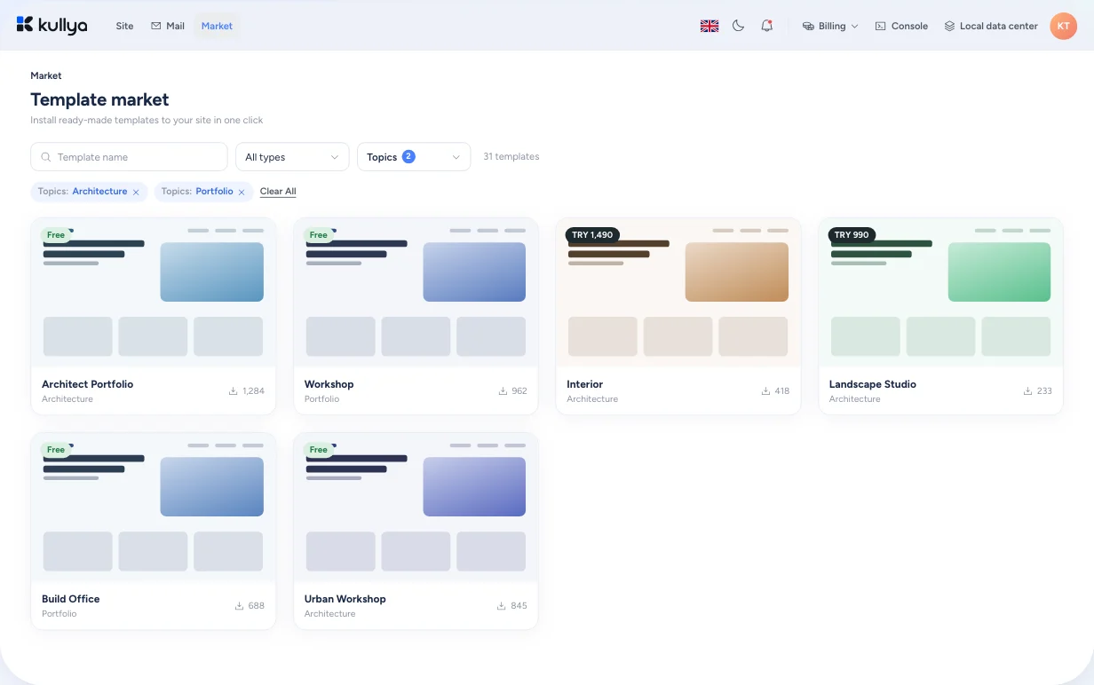 Market: template list with the topic filter