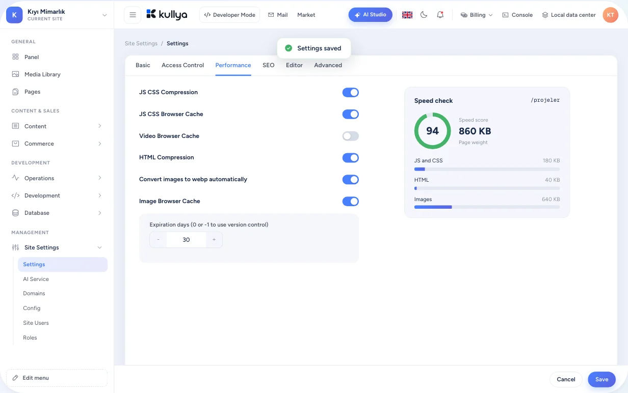 Advanced site settings in the Kullya panel: caching, compression and image options