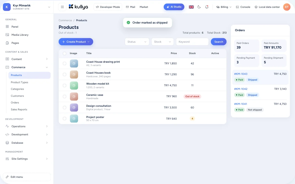 The commerce section in the Kullya panel: product list and order overview