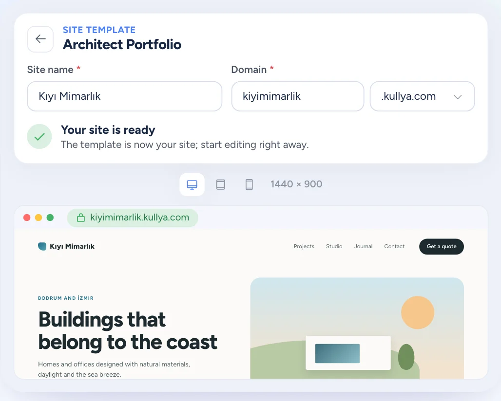 Installing a template from Market: pick a template, type a site name and domain, press Create and the site is ready.